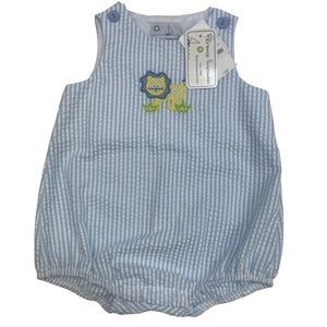 NWT Florence Eiseman Blue Striped Kids Seersucker Bubble Appliqué Lion 12m